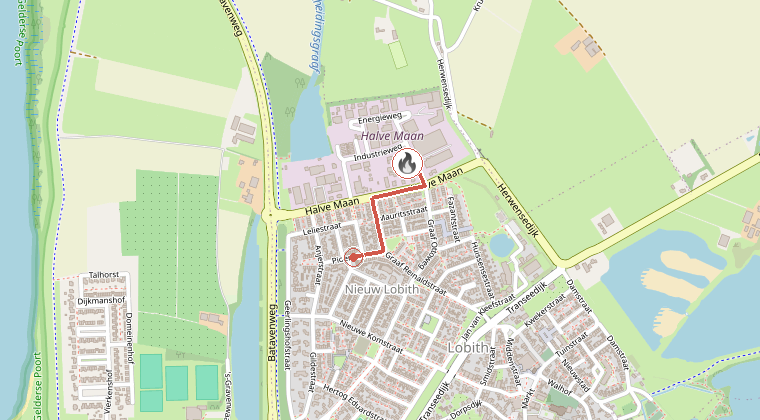 Kaart van de omgeving van de melding, met de kazerne die is gealarmeerd