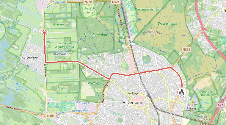 Kaart van de omgeving van de melding, met de kazerne die is gealarmeerd