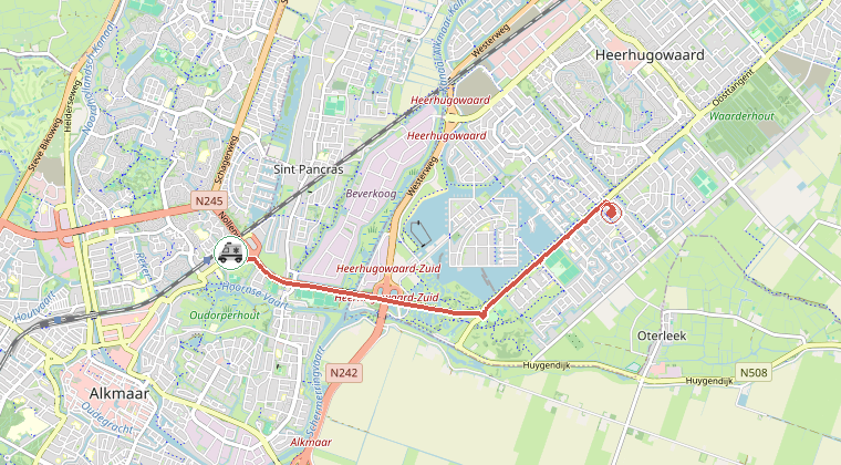 Kaart van de omgeving van de melding, met de kazerne die is gealarmeerd