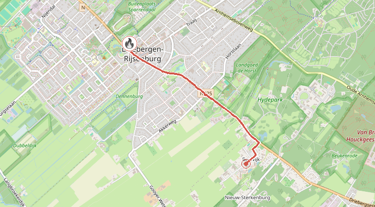 Kaart van de omgeving van de melding, met de kazerne die is gealarmeerd