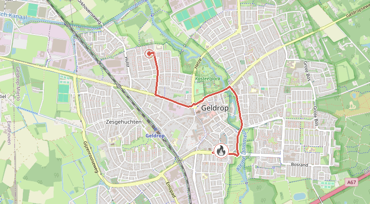 Kaart van de omgeving van de melding, met de kazerne die is gealarmeerd