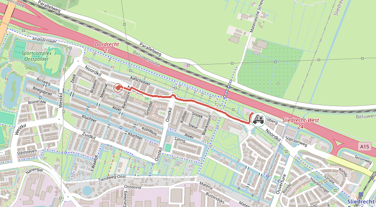 Kaart van de omgeving van de melding, met de kazerne die is gealarmeerd