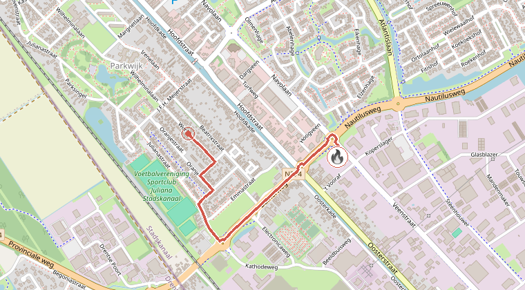 Kaart van de omgeving van de melding, met de kazerne die is gealarmeerd