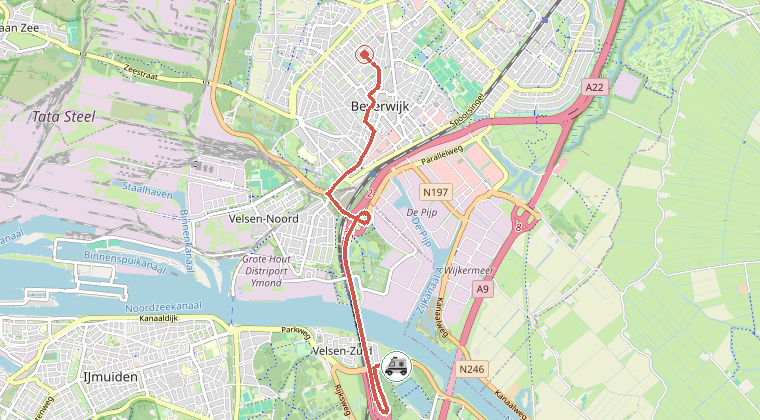 Kaart van de omgeving van de melding, met de kazerne die is gealarmeerd
