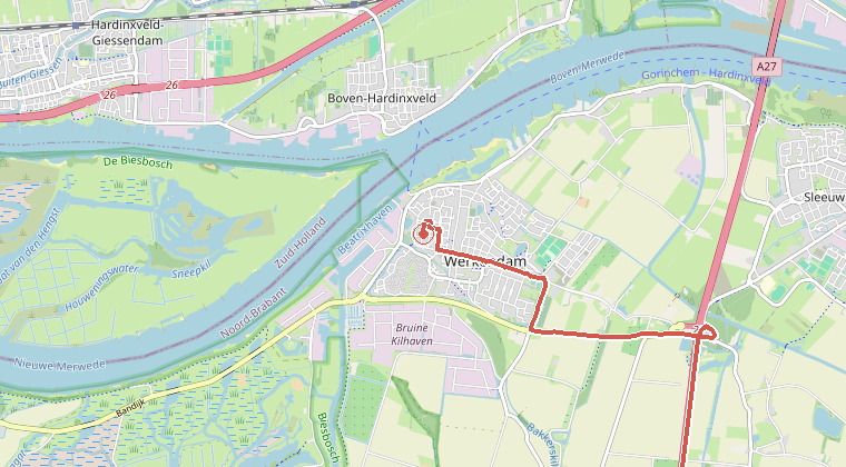 Kaart van de omgeving van de melding, met de kazerne die is gealarmeerd