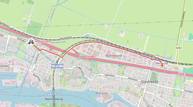 Kaart van de omgeving van de melding, met de kazerne die is gealarmeerd