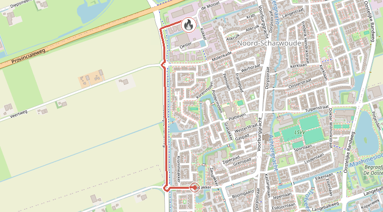Kaart van de omgeving van de melding, met de kazerne die is gealarmeerd