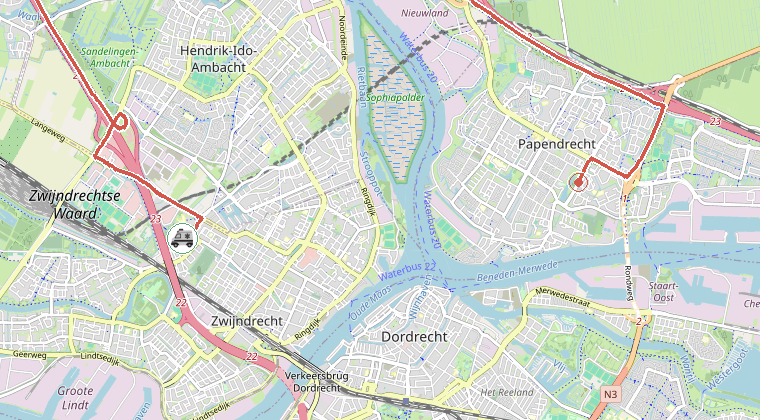 Kaart van de omgeving van de melding, met de kazerne die is gealarmeerd