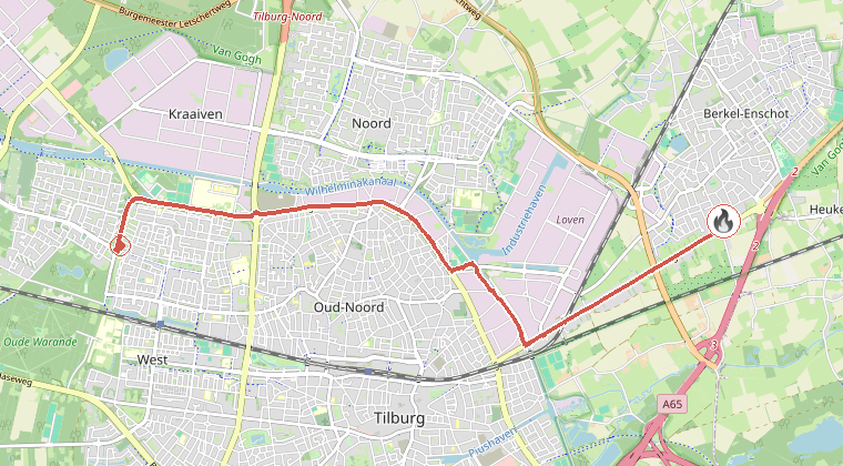 Kaart van de omgeving van de melding, met de kazerne die is gealarmeerd