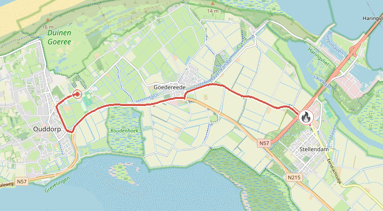 Kaart van de omgeving van de melding, met de kazerne die is gealarmeerd
