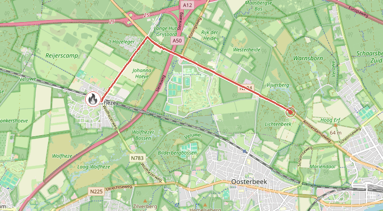 Kaart van de omgeving van de melding, met de kazerne die is gealarmeerd