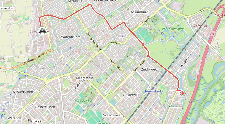 Kaart van de omgeving van de melding, met de kazerne die is gealarmeerd