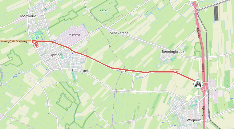 Kaart van de omgeving van de melding, met de kazerne die is gealarmeerd
