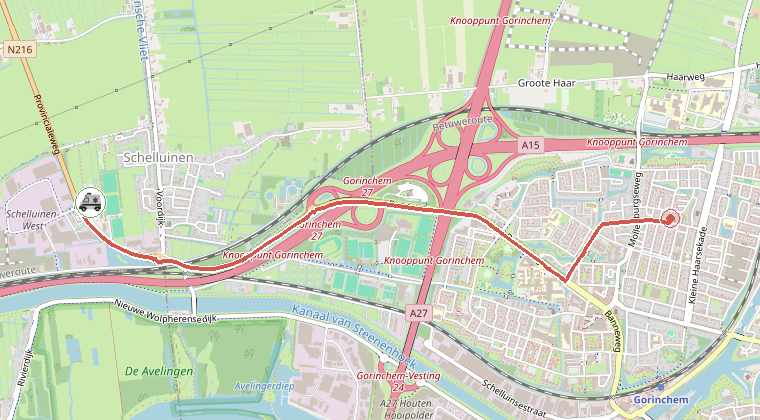 Kaart van de omgeving van de melding, met de kazerne die is gealarmeerd