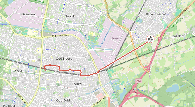Kaart van de omgeving van de melding, met de kazerne die is gealarmeerd