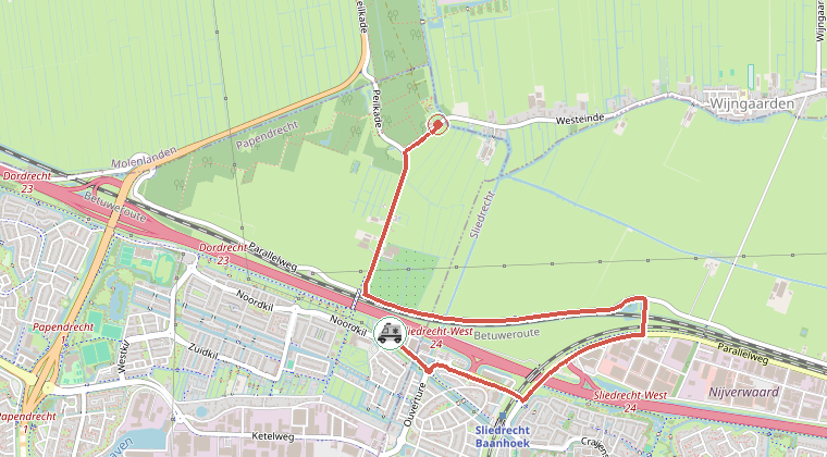 Kaart van de omgeving van de melding, met de kazerne die is gealarmeerd