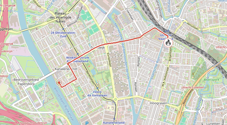 Kaart van de omgeving van de melding, met de kazerne die is gealarmeerd