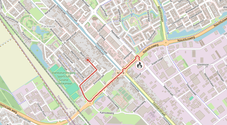 Kaart van de omgeving van de melding, met de kazerne die is gealarmeerd