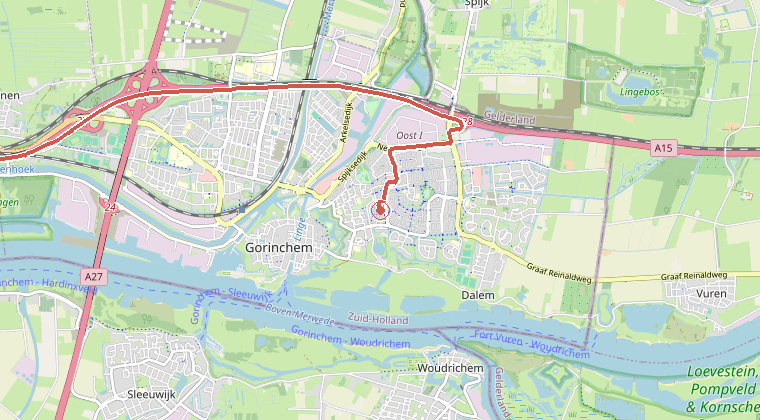 Kaart van de omgeving van de melding, met de kazerne die is gealarmeerd