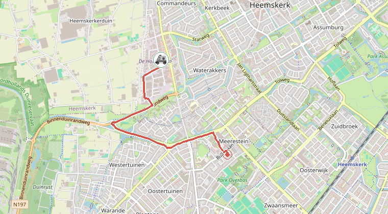 Kaart van de omgeving van de melding, met de kazerne die is gealarmeerd