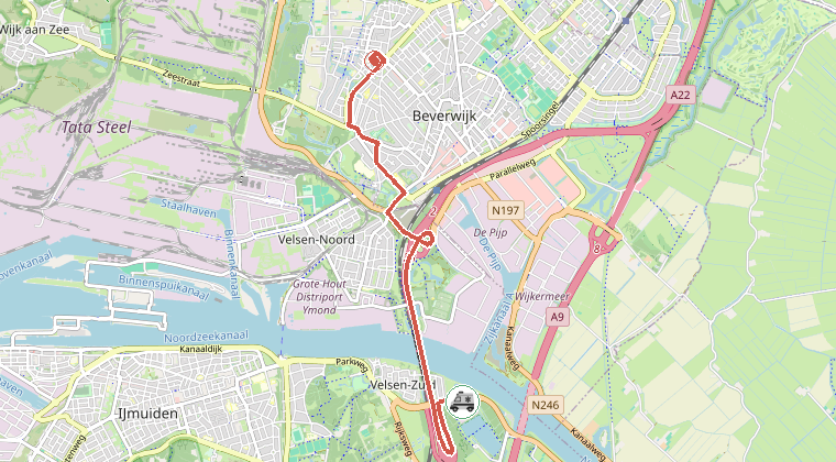Kaart van de omgeving van de melding, met de kazerne die is gealarmeerd