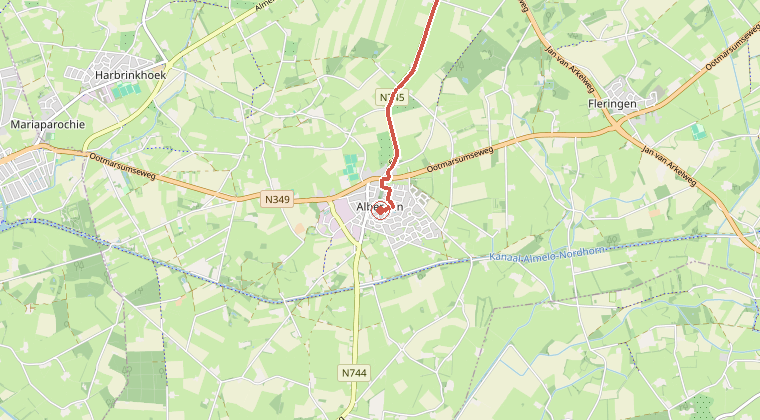 Kaart van de omgeving van de melding, met de kazerne die is gealarmeerd
