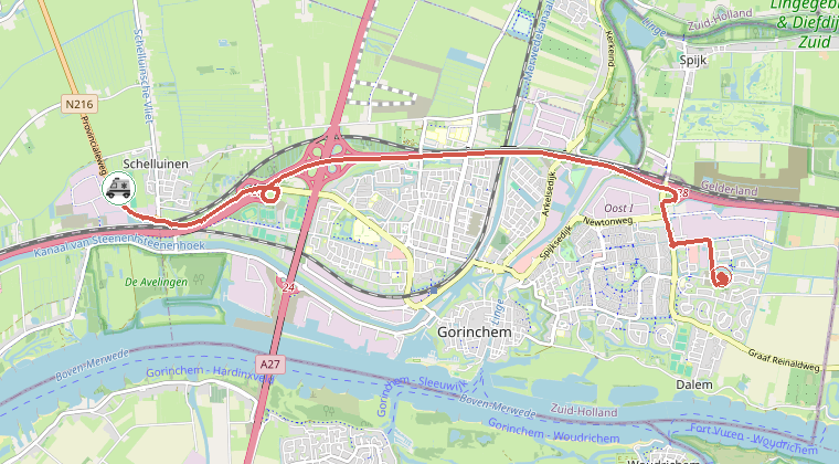 Kaart van de omgeving van de melding, met de kazerne die is gealarmeerd