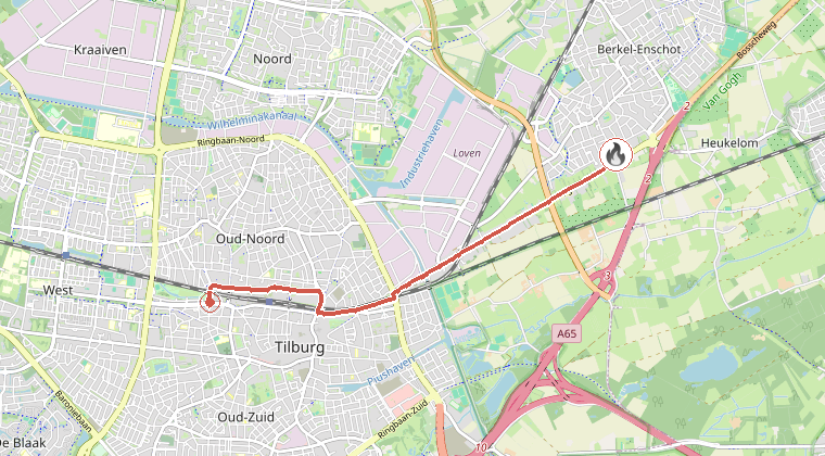Kaart van de omgeving van de melding, met de kazerne die is gealarmeerd