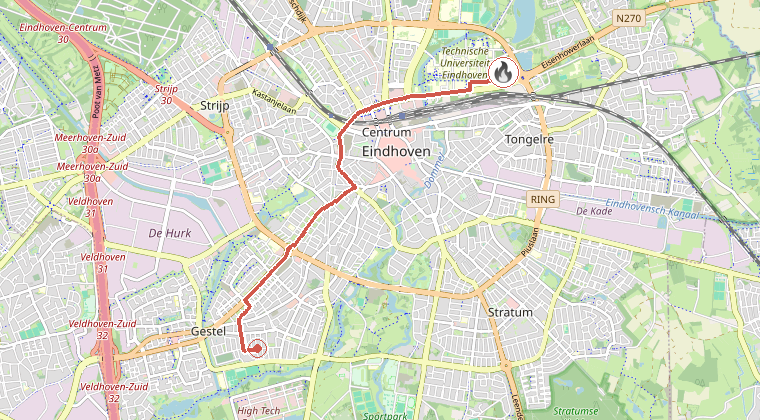 Kaart van de omgeving van de melding, met de kazerne die is gealarmeerd