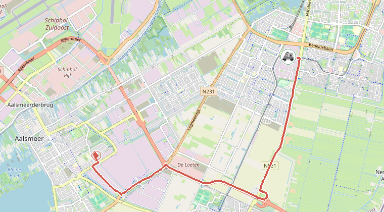 Kaart van de omgeving van de melding, met de kazerne die is gealarmeerd