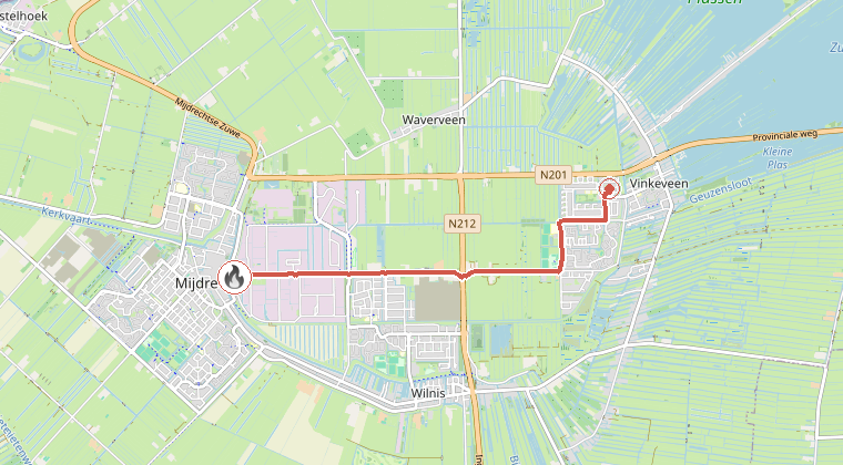 Kaart van de omgeving van de melding, met de kazerne die is gealarmeerd