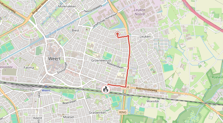 Kaart van de omgeving van de melding, met de kazerne die is gealarmeerd
