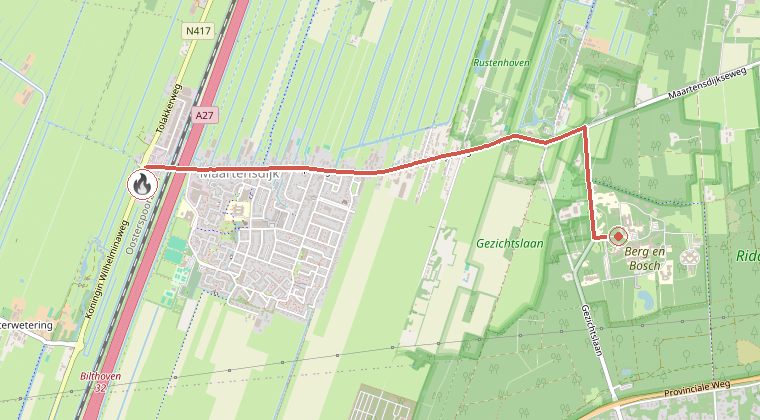 Kaart van de omgeving van de melding, met de kazerne die is gealarmeerd