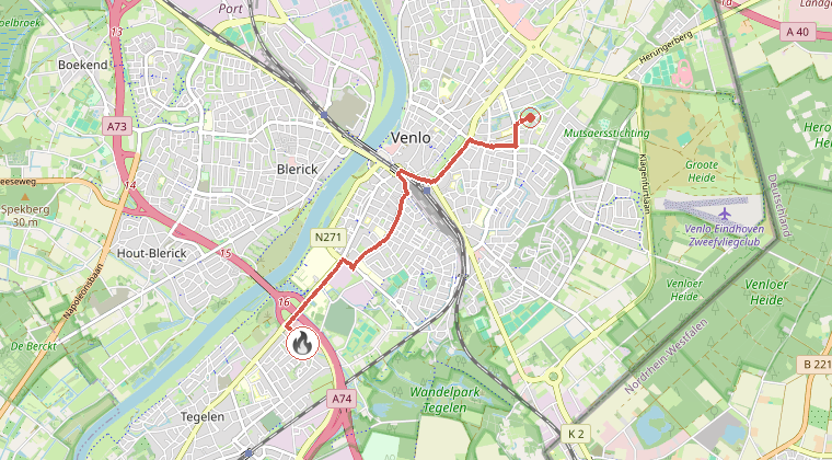 Kaart van de omgeving van de melding, met de kazerne die is gealarmeerd