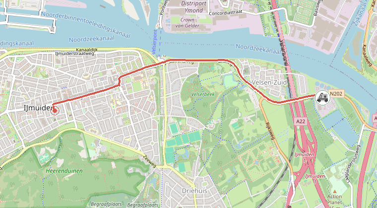 Kaart van de omgeving van de melding, met de kazerne die is gealarmeerd