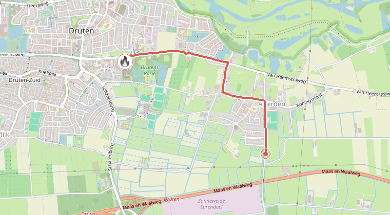 Kaart van de omgeving van de melding, met de kazerne die is gealarmeerd