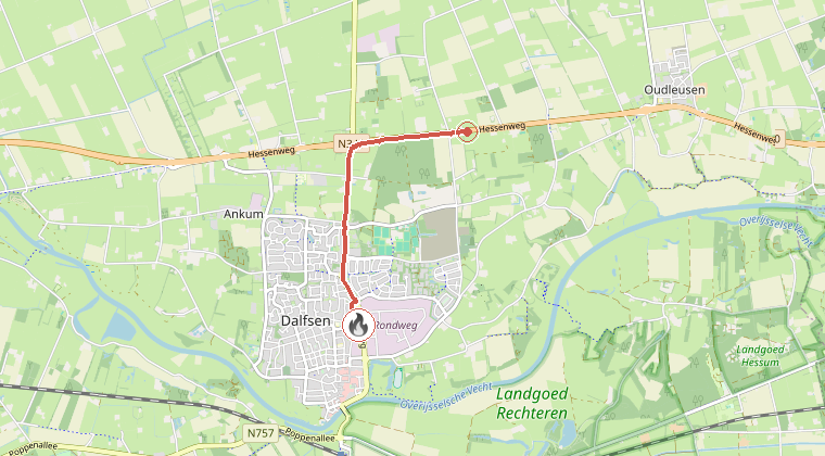 Kaart van de omgeving van de melding, met de kazerne die is gealarmeerd