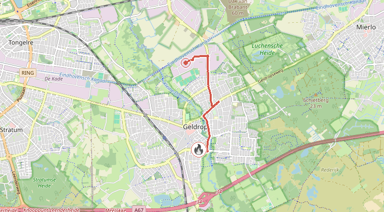 Kaart van de omgeving van de melding, met de kazerne die is gealarmeerd