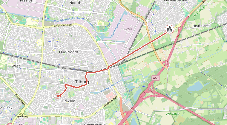Kaart van de omgeving van de melding, met de kazerne die is gealarmeerd
