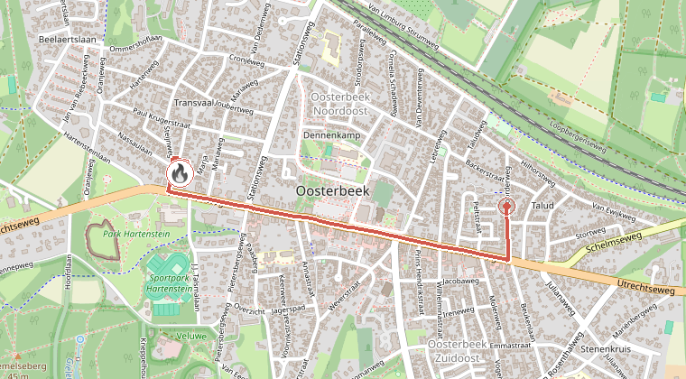 Kaart van de omgeving van de melding, met de kazerne die is gealarmeerd