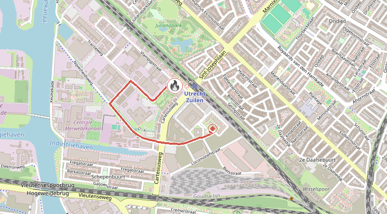 Kaart van de omgeving van de melding, met de kazerne die is gealarmeerd