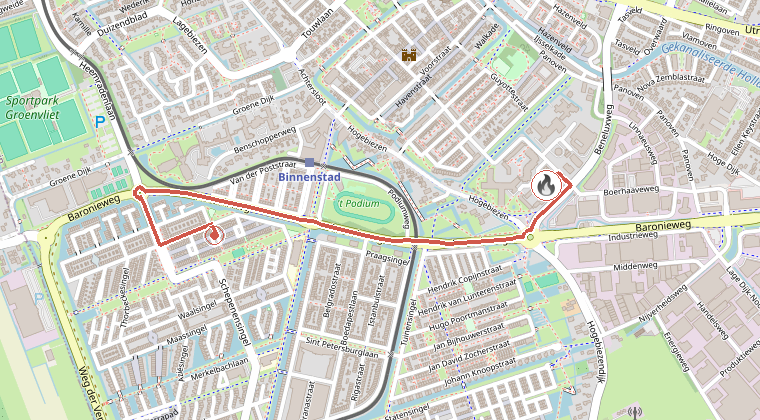 Kaart van de omgeving van de melding, met de kazerne die is gealarmeerd