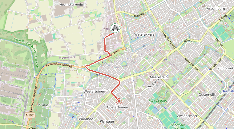 Kaart van de omgeving van de melding, met de kazerne die is gealarmeerd