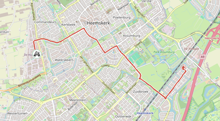 Kaart van de omgeving van de melding, met de kazerne die is gealarmeerd