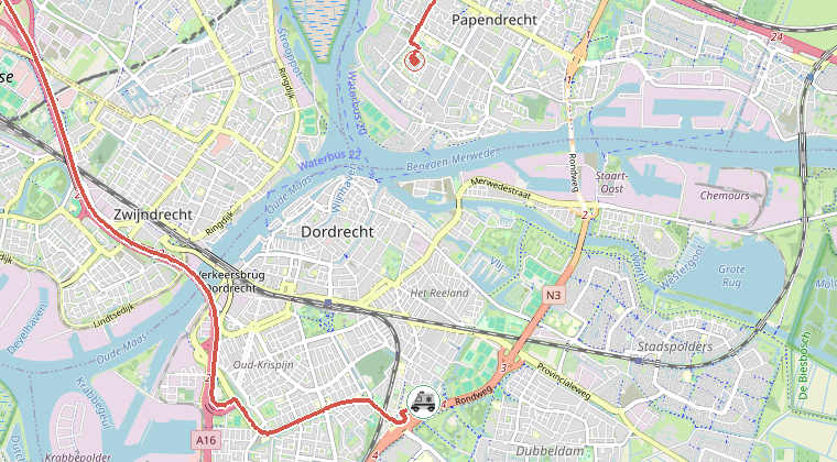 Kaart van de omgeving van de melding, met de kazerne die is gealarmeerd