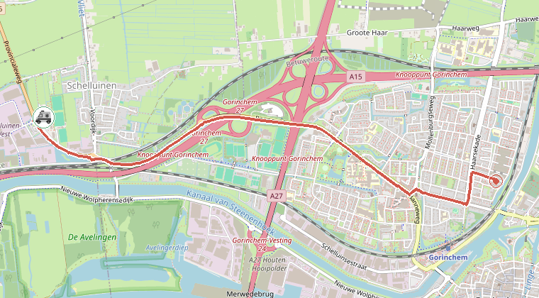 Kaart van de omgeving van de melding, met de kazerne die is gealarmeerd