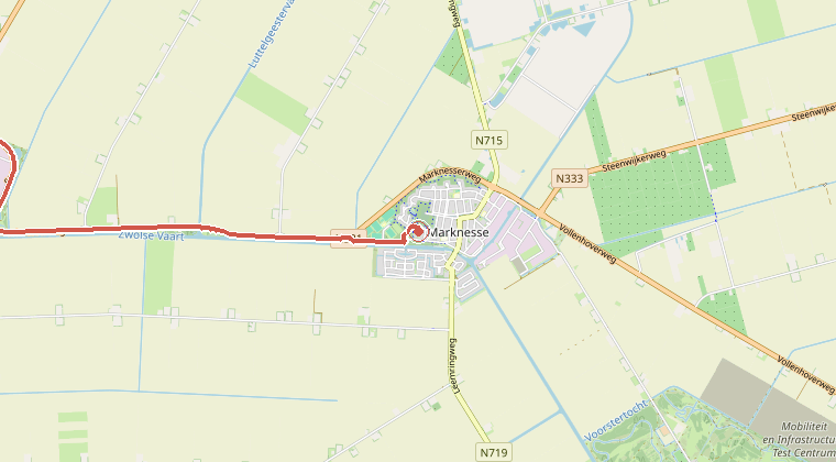 Kaart van de omgeving van de melding, met de kazerne die is gealarmeerd