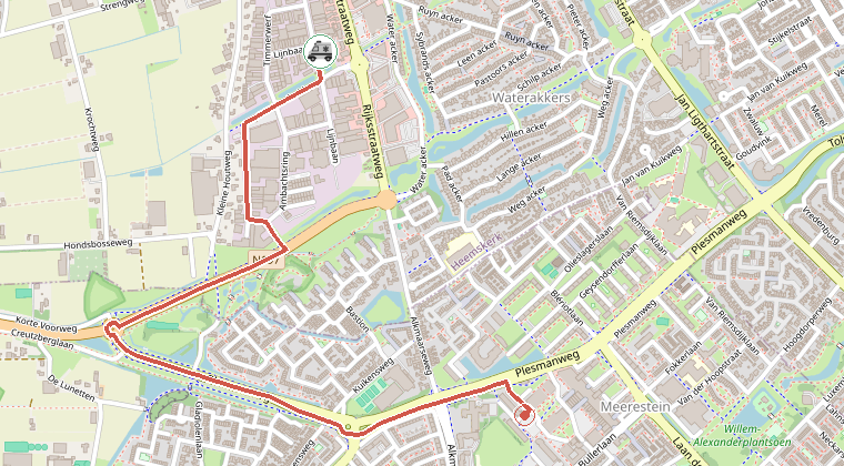 Kaart van de omgeving van de melding, met de kazerne die is gealarmeerd