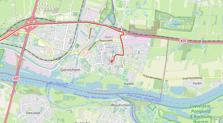 Kaart van de omgeving van de melding, met de kazerne die is gealarmeerd