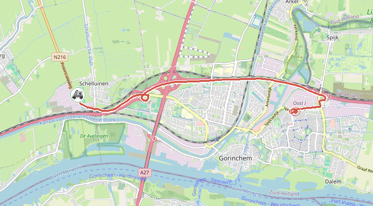 Kaart van de omgeving van de melding, met de kazerne die is gealarmeerd